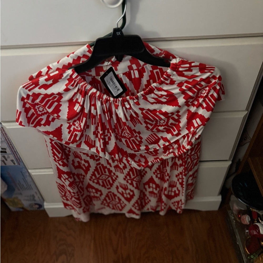 Red and White Patterned Women's Top